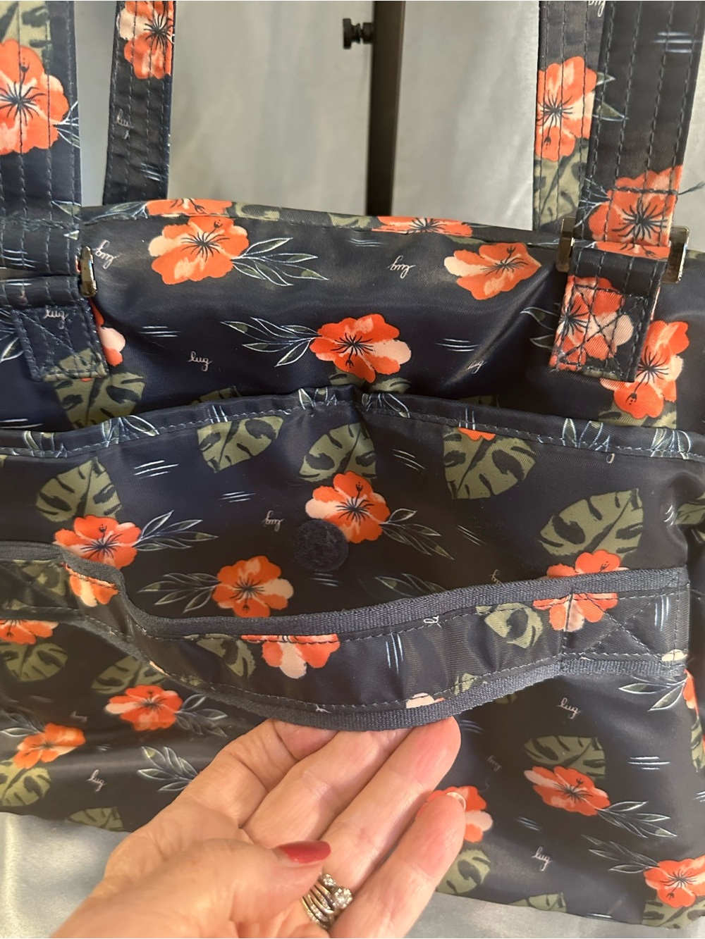 lug Quilted Floral Tote in Black with Orange Flowers - Picture 9 of 9